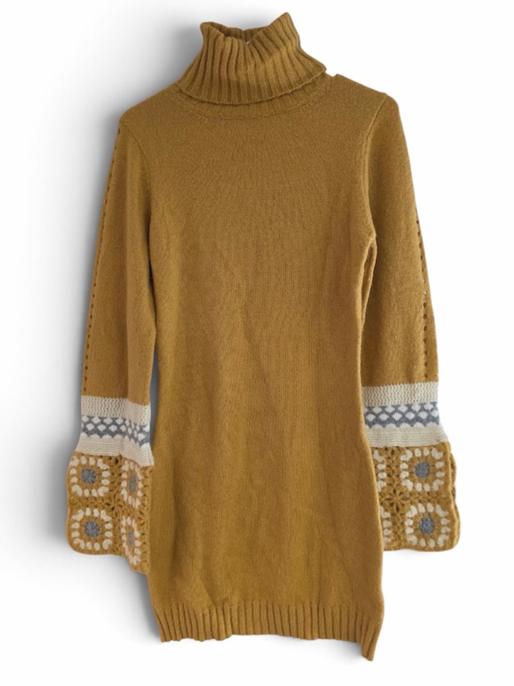 Lulu’s It's Groovy Mustard Yellow
Multi Knit Turtleneck Sweater Dress- Size XS